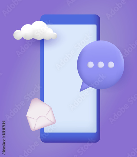 3d mail envelope icon with notification new message in hand holding smartphone. Minimal email letter with letter paper read icon. message concept 3d vector render isolated purple pastel background photo