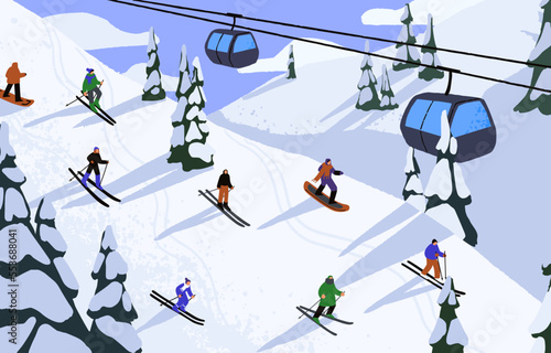 Ski resort landscape with people on snowboards on slope, cable way. Sport activity in mountains in snow on winter holiday, vacation. Wintertime scenery with ropeway, skiers. Flat vector illustration