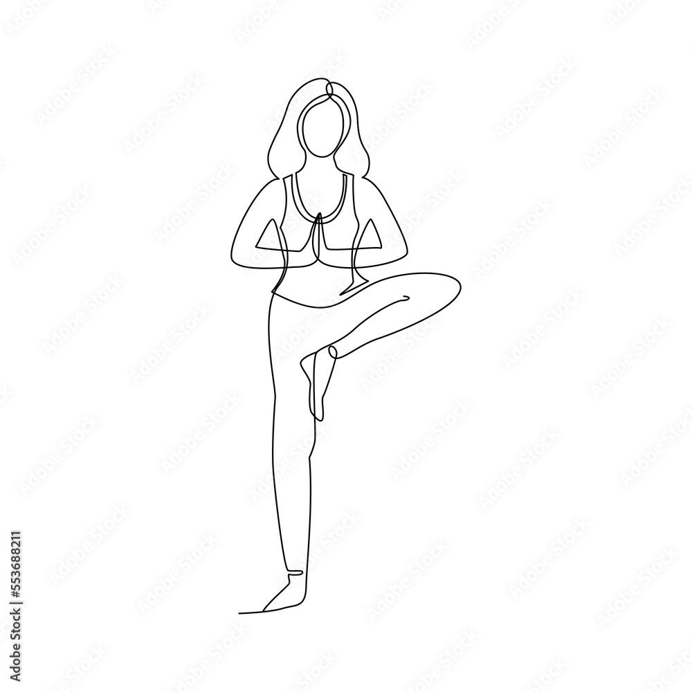 Single line drawing of a girl standing in a yoga pose. Doodle illustration of relaxing workout.