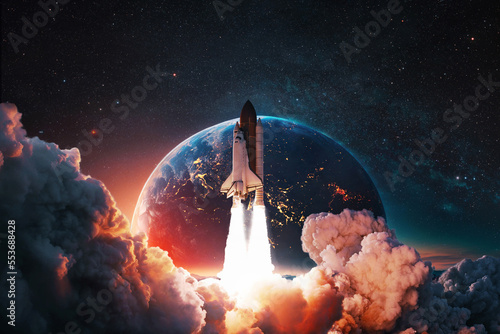 New space shuttle rocket with blast and puffs of smoke successfully launches into the night starry sky with amazing planet earth. Spaceship takes off into space with stars, creative. futuristic