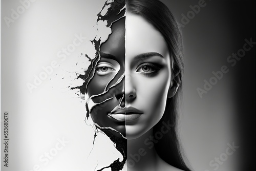 portrait de femme  séparé en deux, noir et blanc