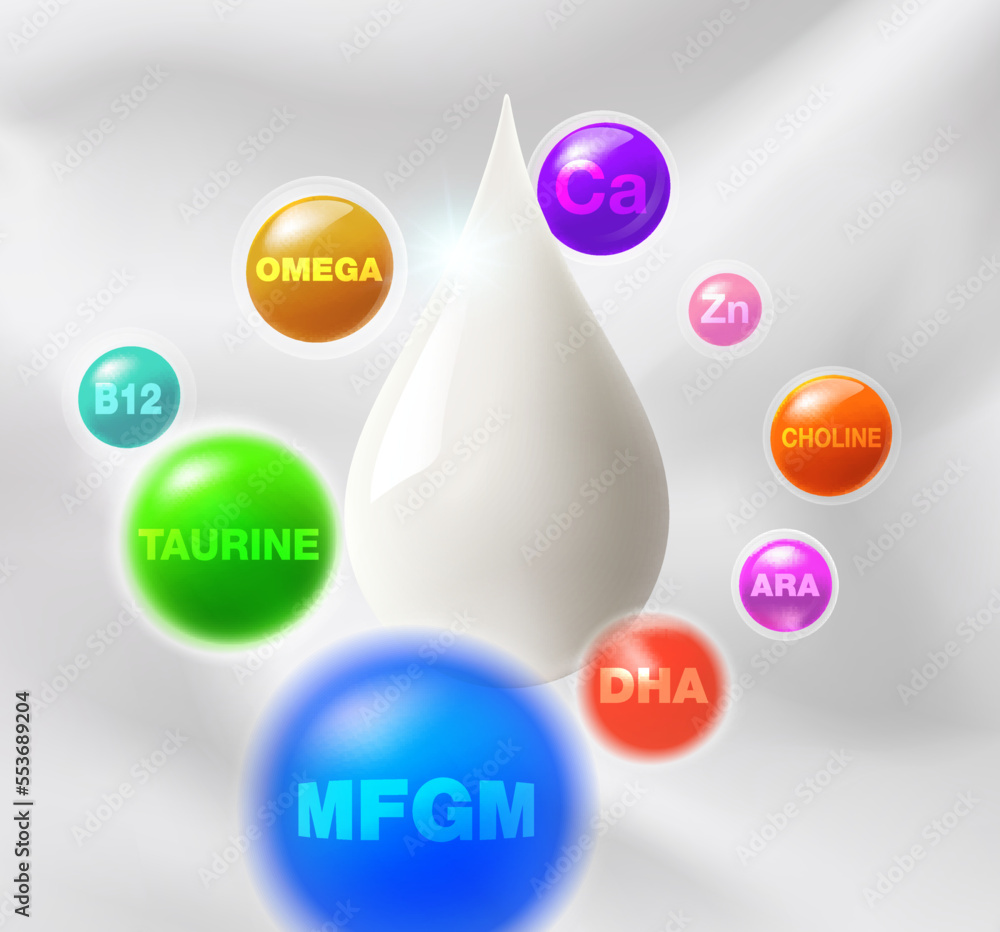 Value of vitamins and nutrients in milk on milky background. Realistic vector file. Value of vitamins and nutrients in milk on milky background. Realistic vector file.