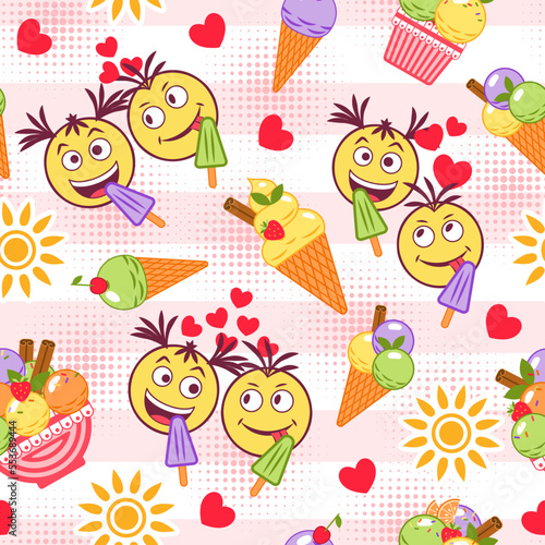 Fototapeta Naklejka Na Ścianę i Meble -  Funny colorful pattern with ice cream, crazy emoji love couple, sun icon, halftone shapes, hearts. Simple minimal style. For prints, clothing, t shirt design