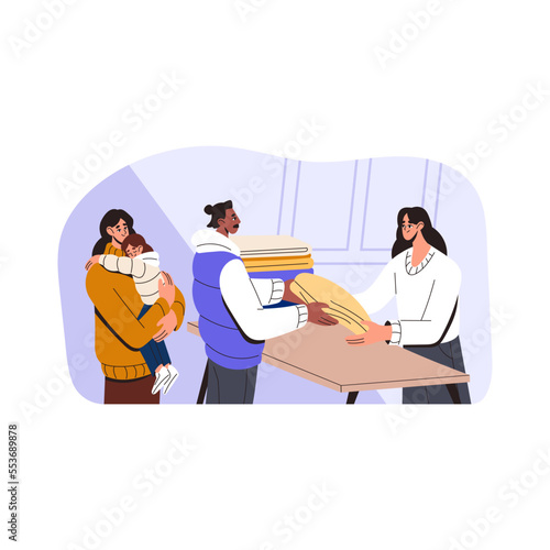 Volunteer donating, giving used clothes. Charity, humanitarian aid, garment donation, charitable social help for refugees, poor needy people. Flat vector illustration isolated on white background