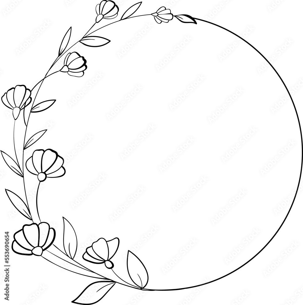 Linear floral wreath. Hand drawn illustration. This art is perfect for invitation cards, spring and summer decor, greeting cards, posters, scrapbooking, print, etc.