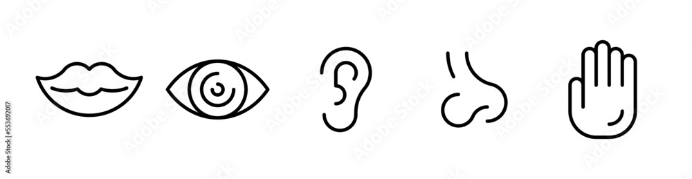 Outline icon set of five human senses: vision (eye), smell (nose), hearing (ear), touch (hand), taste (mouth). Thin line icon set