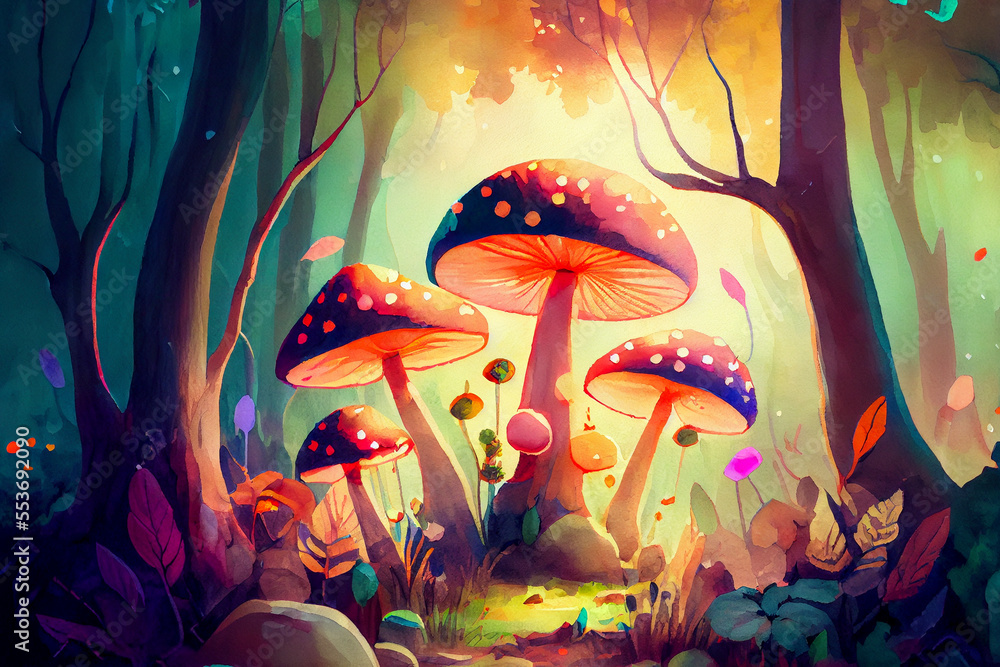 Fantasy fairytale forest with colorful giant mushrooms, generative ai illustration