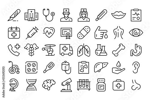 Medicine and Health icons set. Minimal thin line web icon set. Outline icons collection. Vector illustration