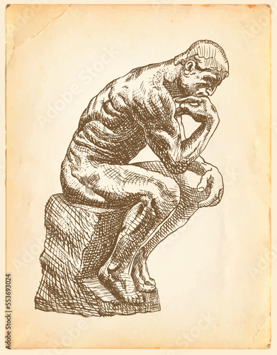 Thinker man hand drawn vector. The Thinker Statue by the French Sculptor Rodin