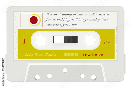 Vector drawing of music audio cassette for record player. Vintage analog tape cassette stylization. 