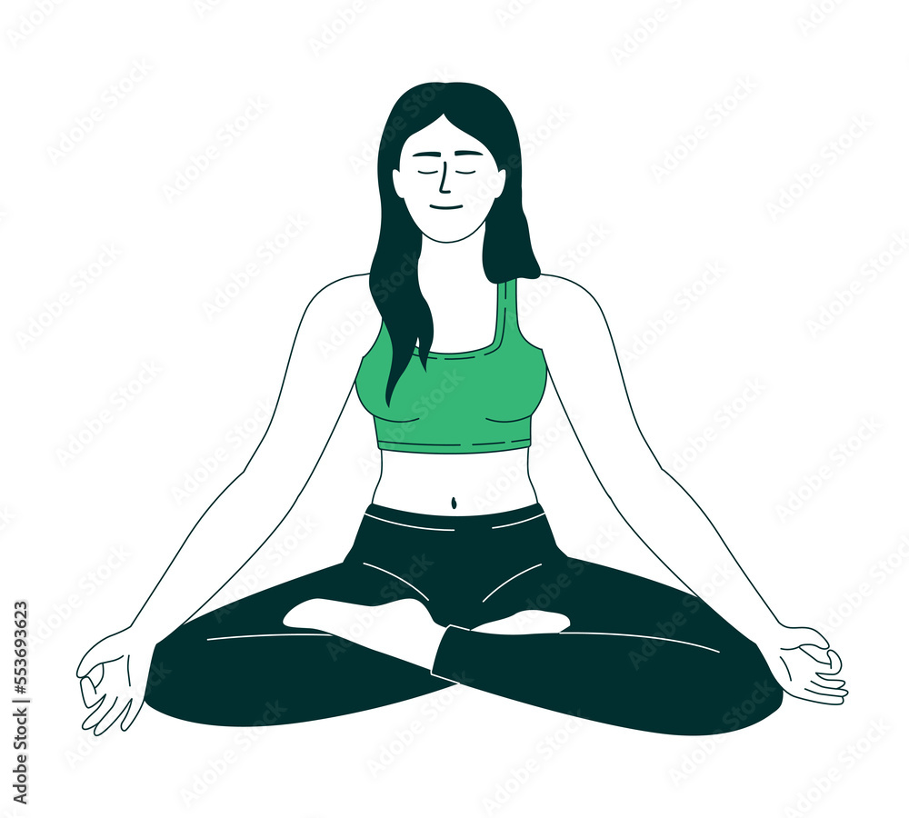 Woman meditating in lotus pose flat color linear vector character. Editable figure. Full body person on white. Cartoon style thin line illustration for web graphic design and animation