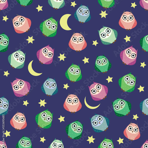 Cute multicolored owls at night with stars, clouds and moon. Seamless pattern in cartoon style, childish seamless pattern, newborn.