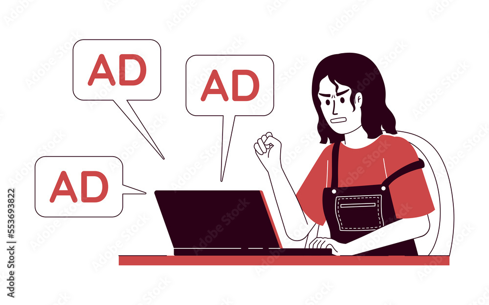 Woman angry of ads amount flat concept vector illustration. Editable 2D cartoon character on white for web design. Spam creative idea for website, mobile, presentation. Quicksand font used Woman angry of ads amount flat concept vector illustration. Editable 2D cartoon character on white for web design. Spam creative idea for website, mobile, presentation. Quicksand font used