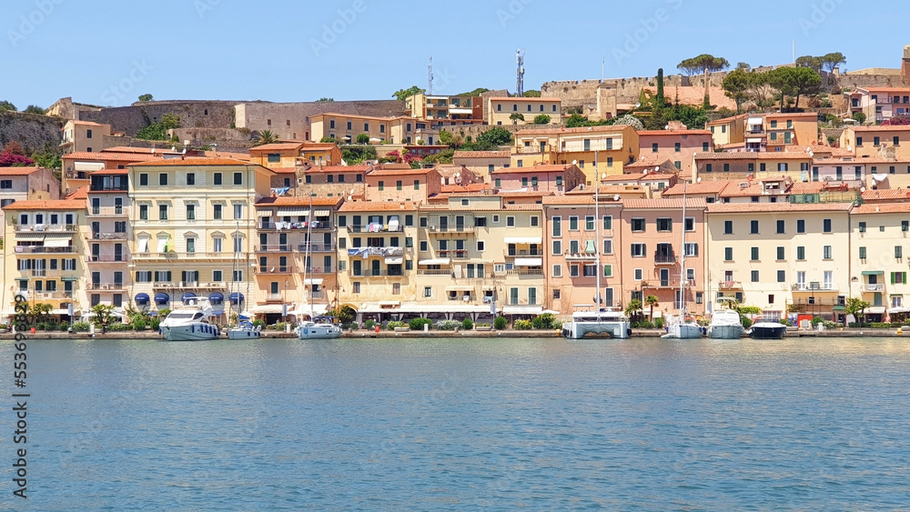 View from the sea to the city of Portoferraio, located on the island of Elba in Italy. Panorama.