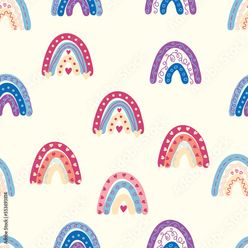 Rainbow seamless pattern in pastel colors. Scandinavian baby hand drawn illustration for textiles and newborn clothes.