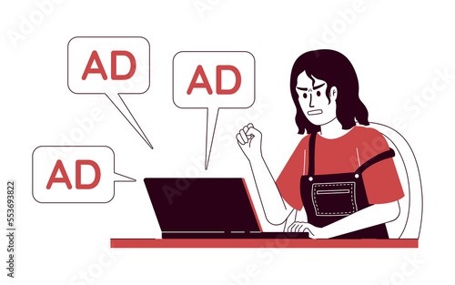 Woman angry of ads amount flat concept vector illustration. Editable 2D cartoon character on white for web design. Spam creative idea for website, mobile, presentation. Quicksand font used