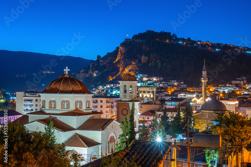 Skyline of the old city of Berat with its ancient houses, in Albania.