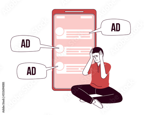Man overwhelmed by ads flat concept vector illustration. Editable 2D cartoon character on white for web design. Spam creative idea for website, mobile, presentation. Bebas Nenue font used