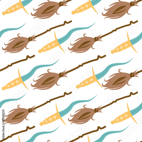 Witches school of magical objects seamless pattern in flat style