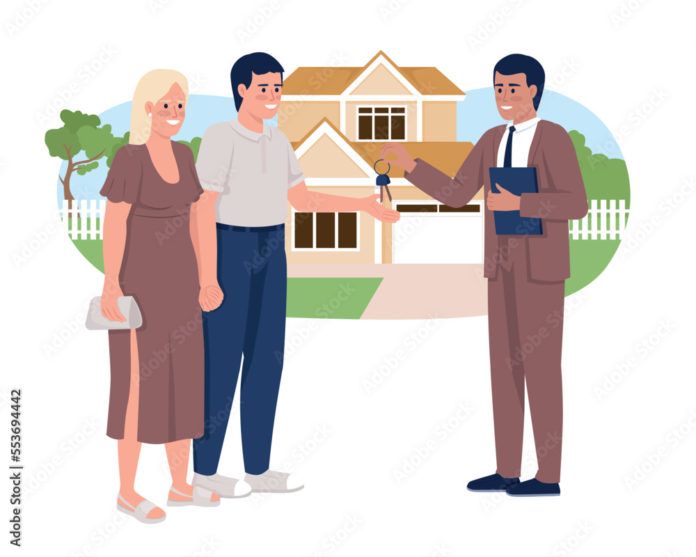 Buying house with yard 2D vector isolated illustration. Happy estate owners. Purchasing home flat characters on cartoon background. Colorful editable scene for mobile, website, presentation Buying house with yard 2D vector isolated illustration. Happy estate owners. Purchasing home flat characters on cartoon background. Colorful editable scene for mobile, website, presentation