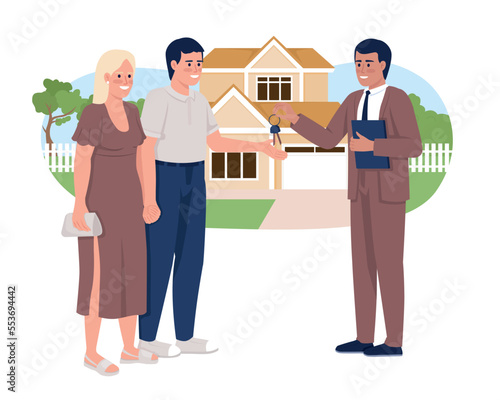 Buying house with yard 2D vector isolated illustration. Happy estate owners. Purchasing home flat characters on cartoon background. Colorful editable scene for mobile, website, presentation