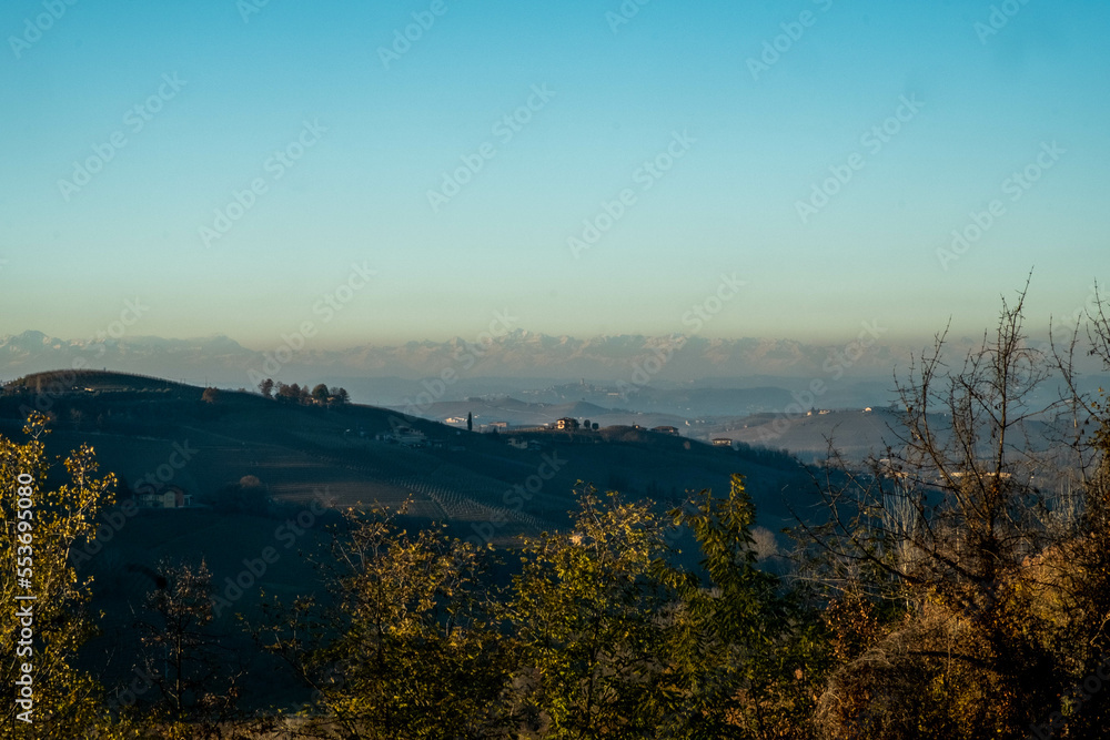 landscapes of the Piedmontese Langhe: the vineyards. the vivid colors of autumn near Alba