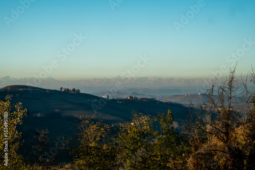 landscapes of the Piedmontese Langhe: the vineyards. the vivid colors of autumn near Alba