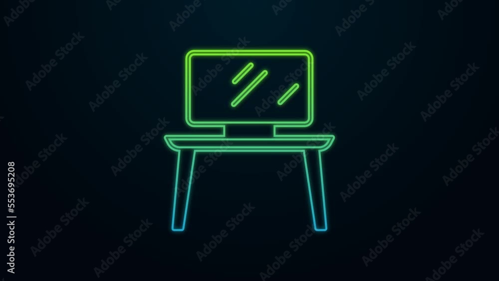 Glowing neon line TV table stand icon isolated on black background. 4K Video motion graphic animation Glowing neon line TV table stand icon isolated on black background. 4K Video motion graphic animation