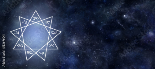 Solfeggio nine pointed star night sky message template - dark blue deep space background with a 9 point star containing the nine solfeggio frequencies and copy space for messages 
