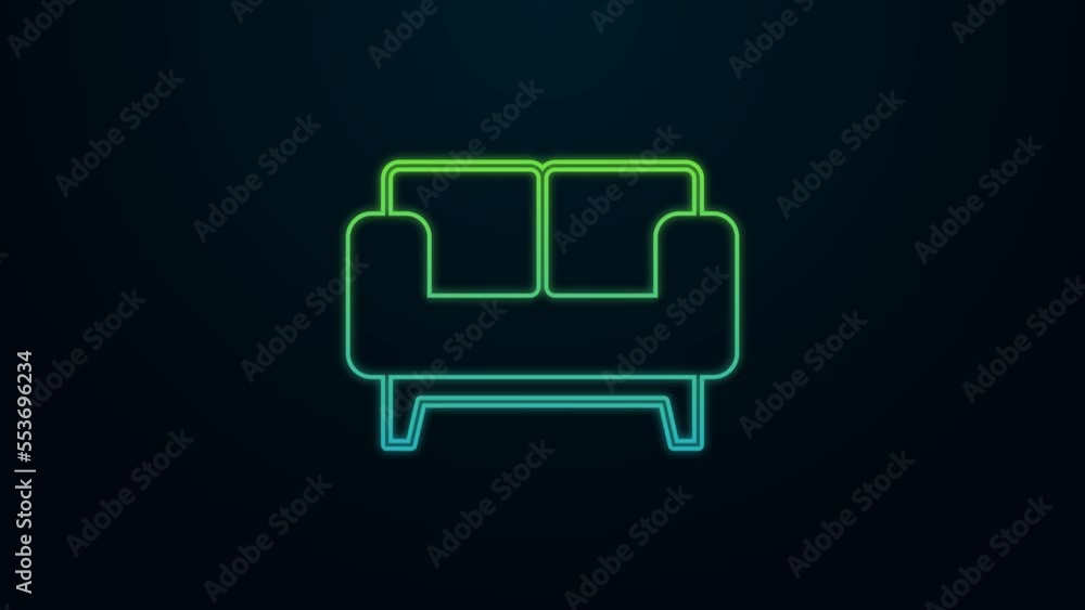 Glowing neon line Sofa icon isolated on black background. 4K Video motion graphic animation Glowing neon line Sofa icon isolated on black background. 4K Video motion graphic animation