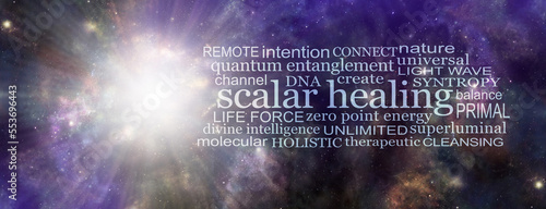 Zero Point Light Wave Scalar Healing Word Cloud - bright white big bang deep space event on left side with a SCALAR HEALING word cloud on right against cosmos background
 photo