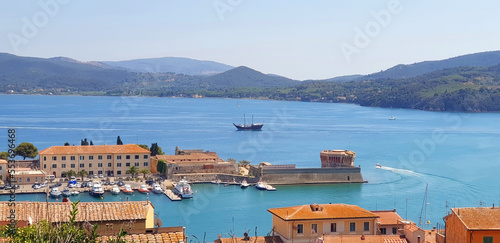 Top view of the city of Portoferraio with mountains and sea.