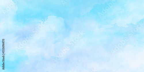 Abstract watercolor background . wallpaper of blue sky with white clouds . Summer heaven bright cloudscape .