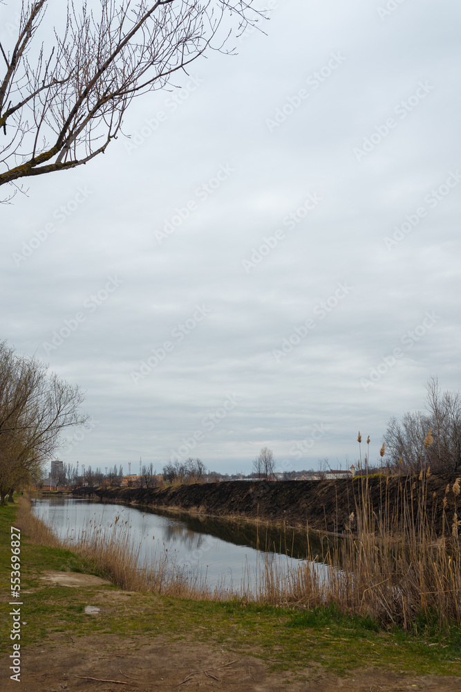 lake landscape with burnt reeds and grass around, natural fire, environmental protection, global earth problem, drought and climate change lake landscape with burnt reeds and grass around, natural fire, environmental protection, global earth problem, drought and climate change