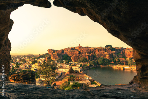 Beautiful Badami city with sandstone hills, view from the cave.