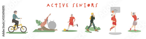 Active seniors. Training program for pensioners. Vector illustration