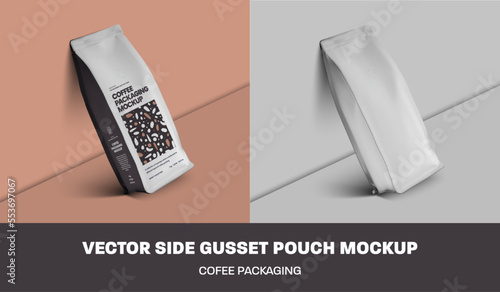 Vector mockup of coffee bag with swallow, white packaging set and design. Realistic illustration template package for pattern, branding, advertisement in cafe. Package near the wall