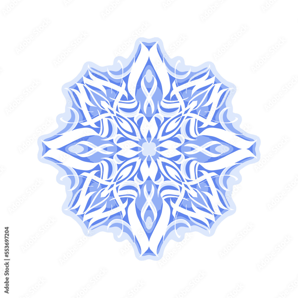 Snowflake Blue Crystal. Vector Illustration of Calligraphy Design. Snow Christmas Decoration.