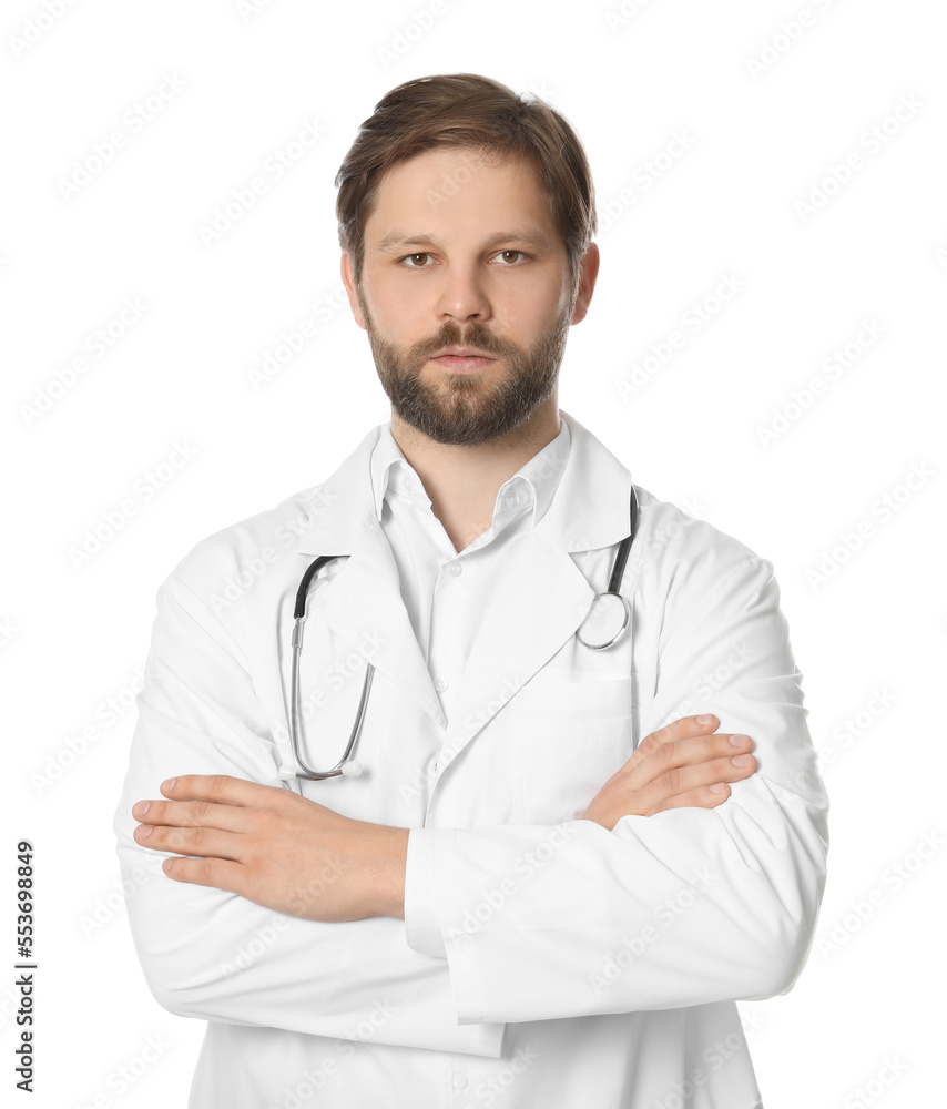 Doctor or medical assistant (male nurse) in uniform with stethoscope on white background Doctor or medical assistant (male nurse) in uniform with stethoscope on white background