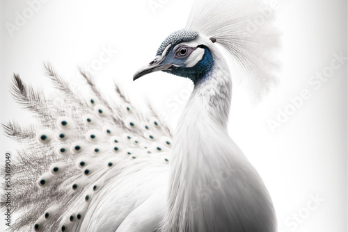 Close-up of a white peacock in profile on a white background. Generative AI