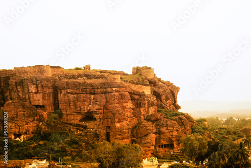 Aerial view of Badami sandstone rocky mountains ,Badami cave temples.