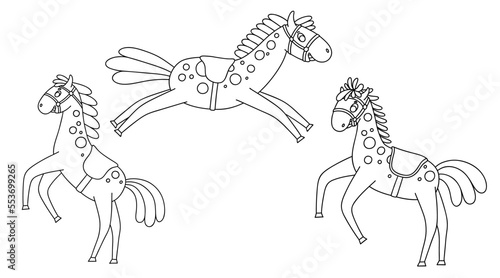 Funny horses. Outline vector set for children creativity. Coloring pages for kids
