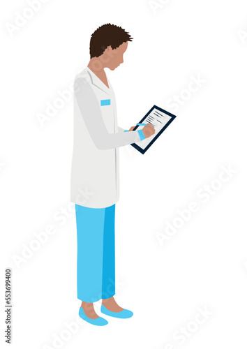 A doctor or nurse stands with a clipboard and writes down a prescription or a diagnosis. Thank you doctors and nurses. Vector illustration in a flat style.