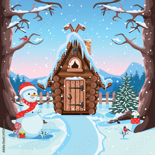 A fairy tale hut made of logs with a snow-covered roof, a stone chimney and a horseshoe for good luck. Old village house in winter. Vector illustration in cartoon style. Winter fairytale background.