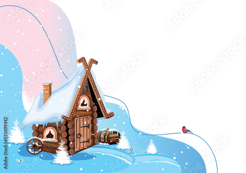A fairy tale hut made of logs with a snow-covered roof, a stone chimney and a horseshoe for good luck. Old village house in winter. Vector illustration in cartoon style. Winter fairytale background.