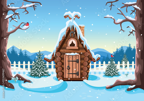 A fairy tale hut made of logs with a snow-covered roof, a stone chimney and a horseshoe for good luck. Old village house in winter. Vector illustration in cartoon style. Winter fairytale background.