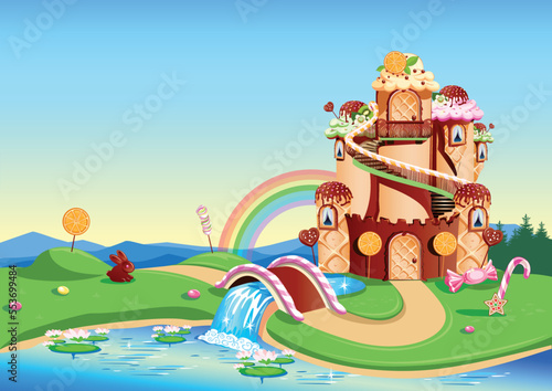 Candy land with a sweet castle decorated with cream and chocolate stands in a fairytale glade. Fairy tale country sweet background. Vector illustration.