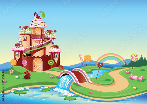 Candy land with a sweet castle decorated with cream and chocolate stands in a fairytale glade. Fairy tale country sweet background. Vector illustration.