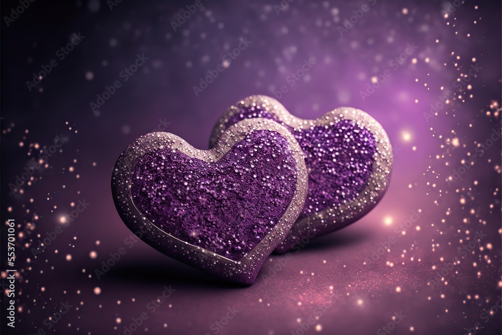 Fototapeta premium Two purple hearts on the violet bokeh lights background. Valentine day or wedding card design. Generative ai. 