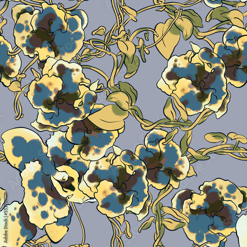 Seamless floral pattern with orchids in golden tones with dark blue spots on a grey background.